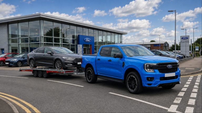 A Ford 150 is towing another vehicle