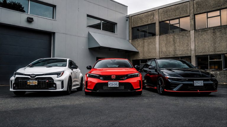 Toyota Corolla, Honda Civic, and Hyundai Elantra lined up for a compact sedan comparison