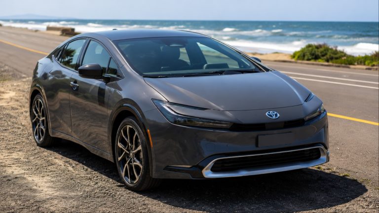 A sleek dark-gray Toyota Prius parked beside a coastal highway with ocean views
