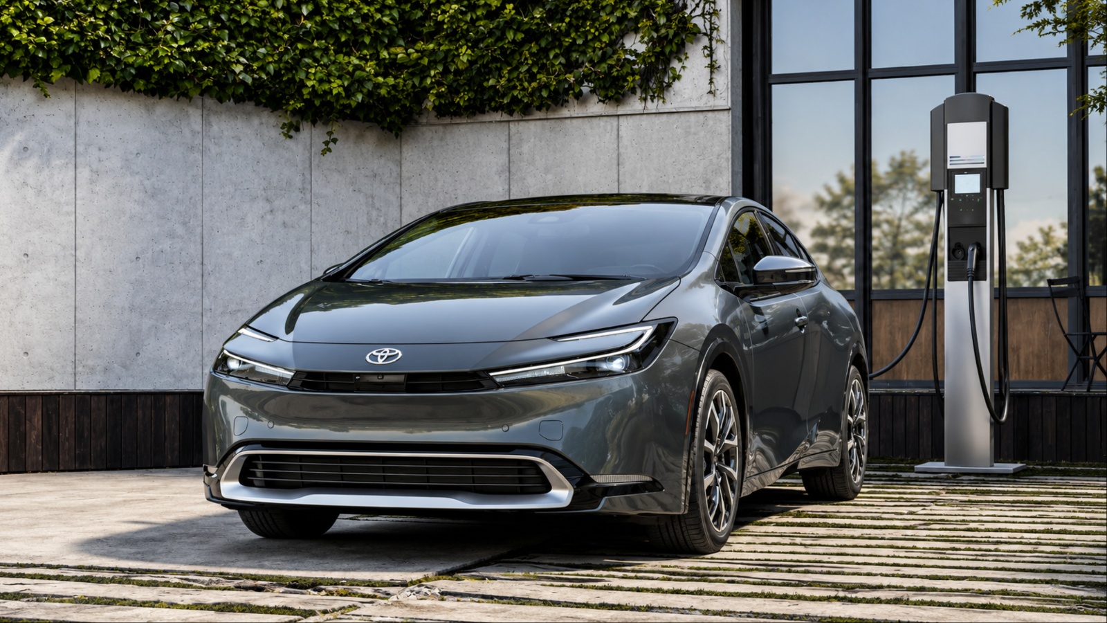 Toyota Prius parked beside a charging station outside a modern building