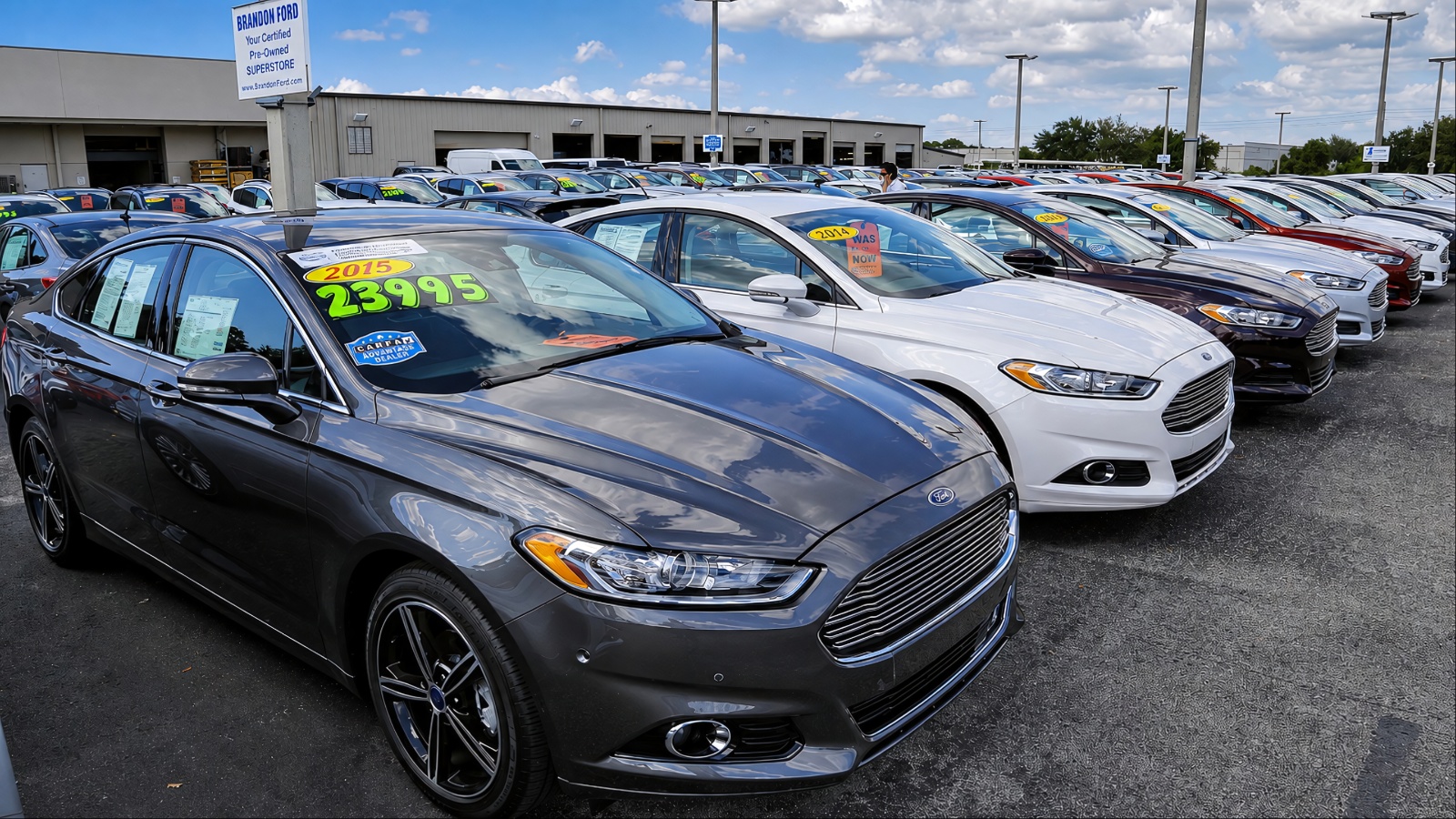 A used-car dealership lot offers shoppers a wide selection of vehicles at competitive prices