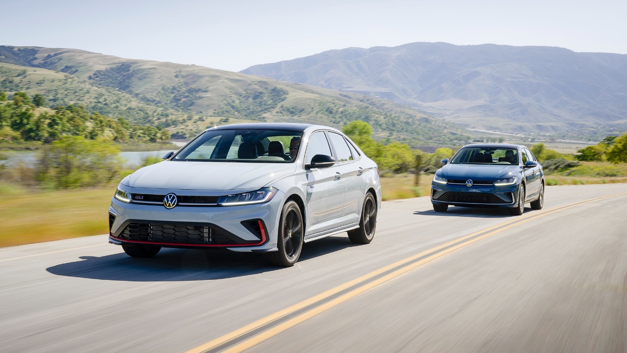 Volkswagen GLI sedans showcase sporty styling while cruising through scenic mountain roads