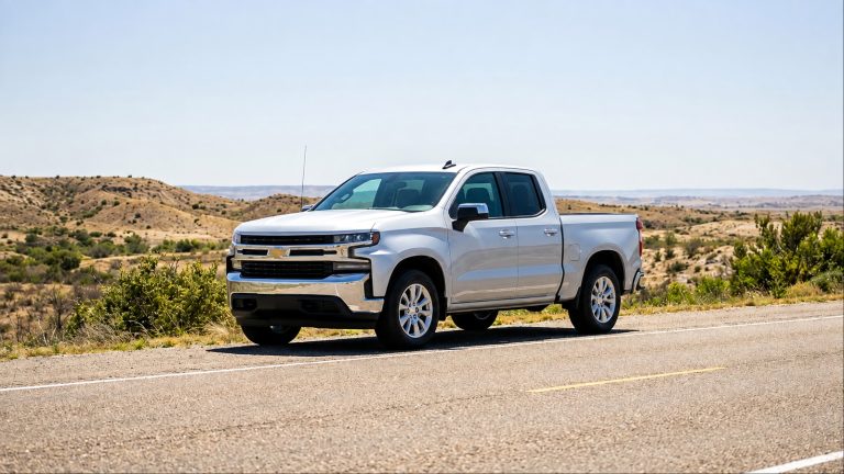 Well-maintained pickup truck parked on a rural Texas road with open countryside views