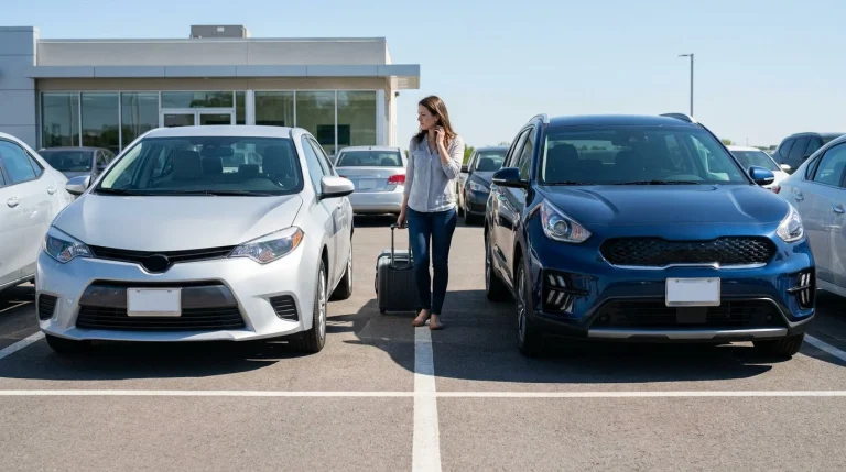 Many cars are standing in a line on a rental car dealership