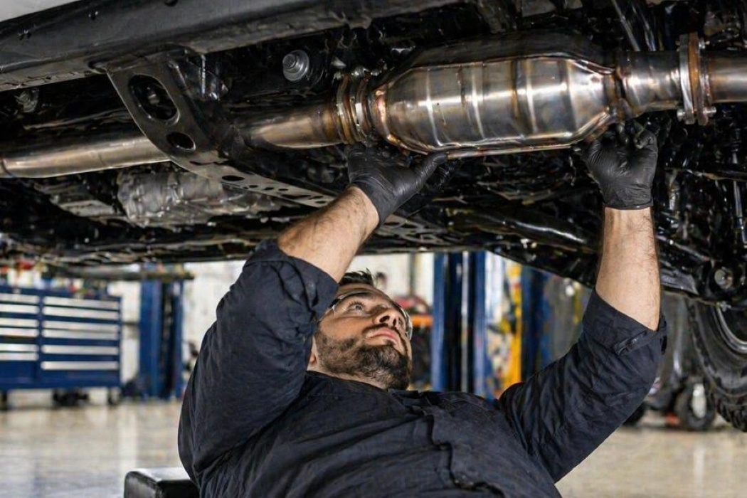 Mechanic Replacing Catalytic Converter Assembly