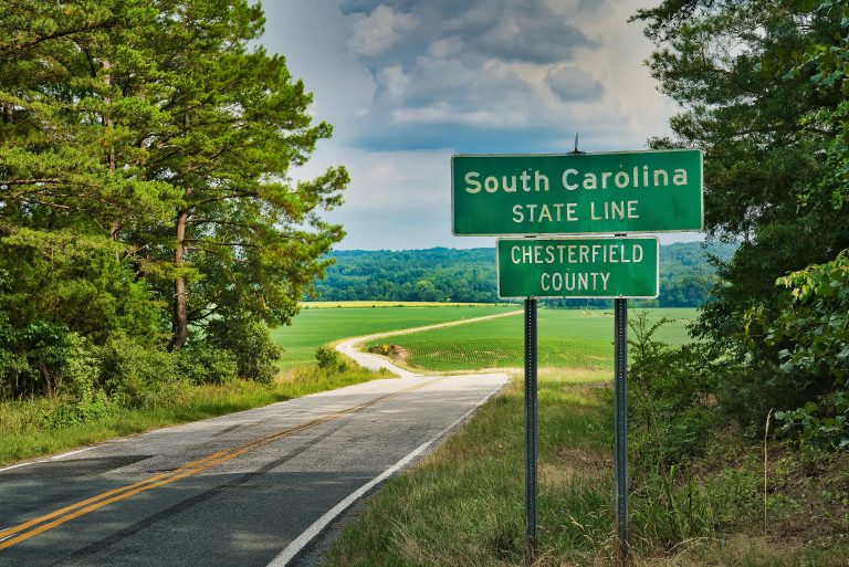 A highway entering into South Carolina is surrounded by greenery