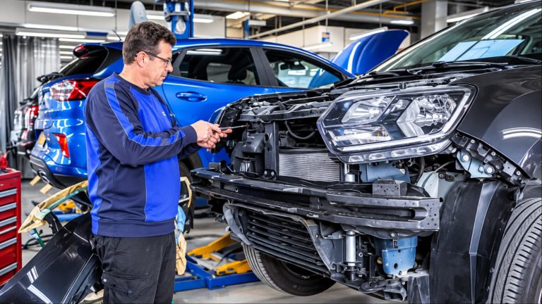 Technician repairing damaged SUV with bumper and components removed