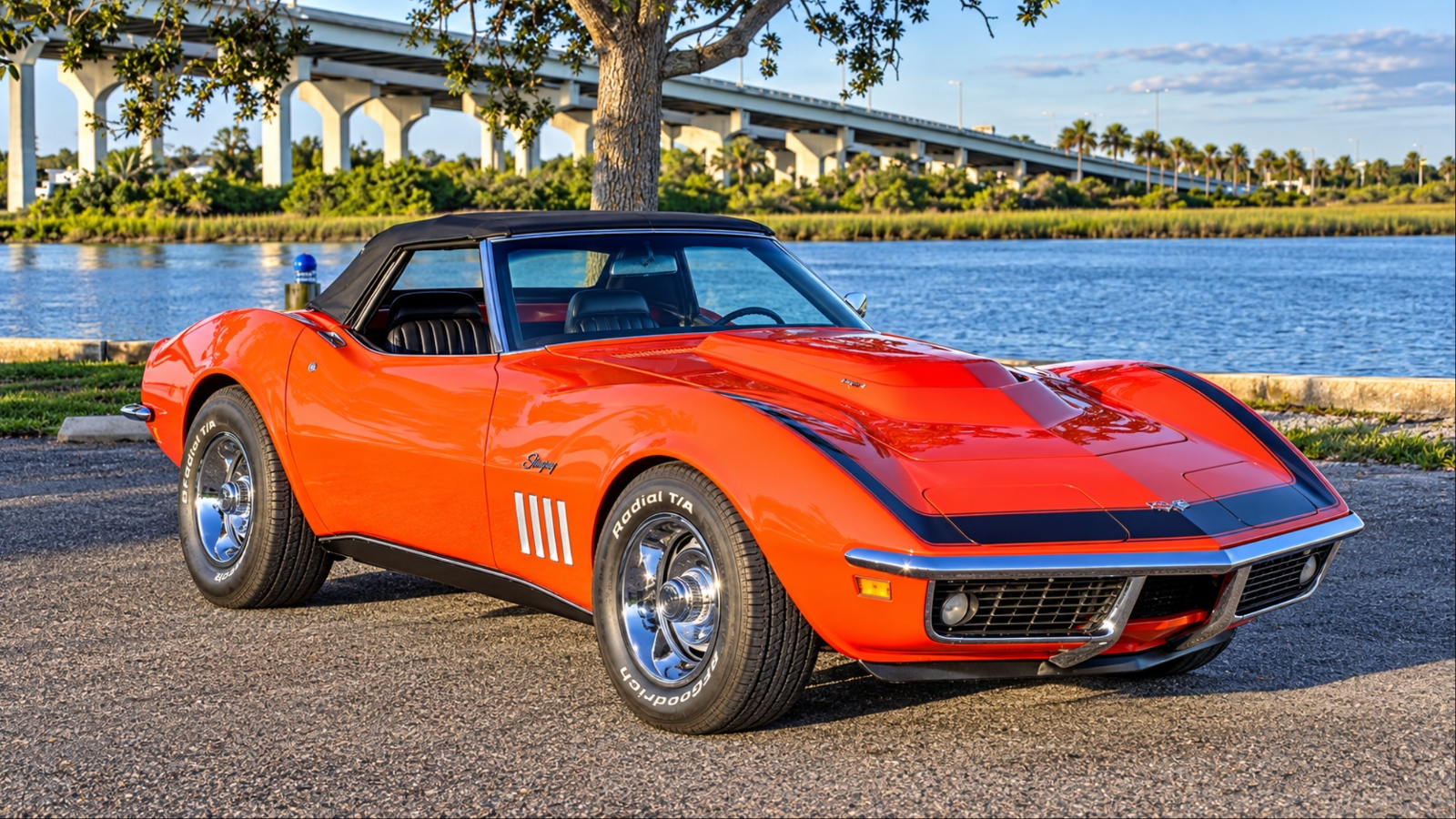 1969 Chevrolet Corvette ZL1 convertible parked beside a scenic waterfront