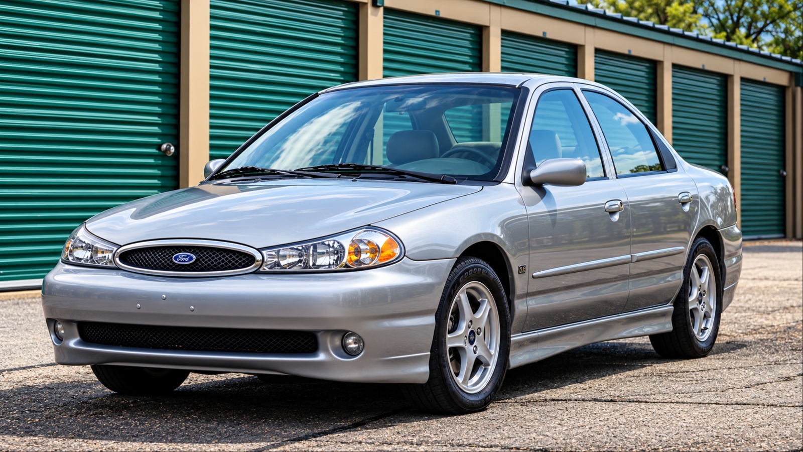 Silver 1998 Ford Contour parked outside storage units