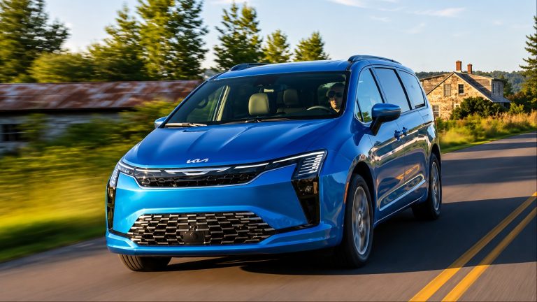 Blue Kia minivan driving along sunny rural road past trees and house