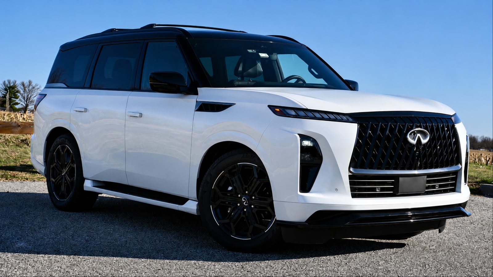 White 2026 Infiniti QX80 SUV parked outdoors under blue sky