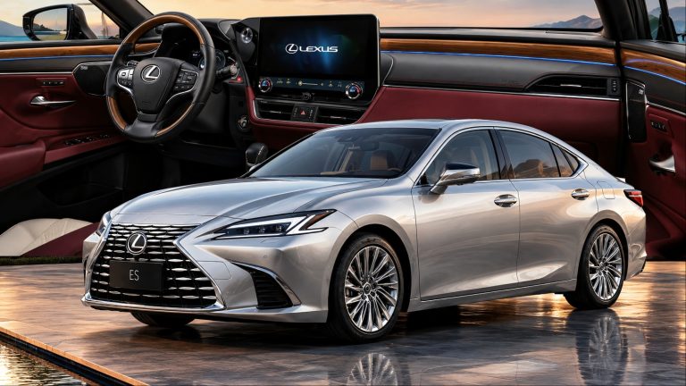 Silver Lexus ES sedan parked in front of its luxury interior