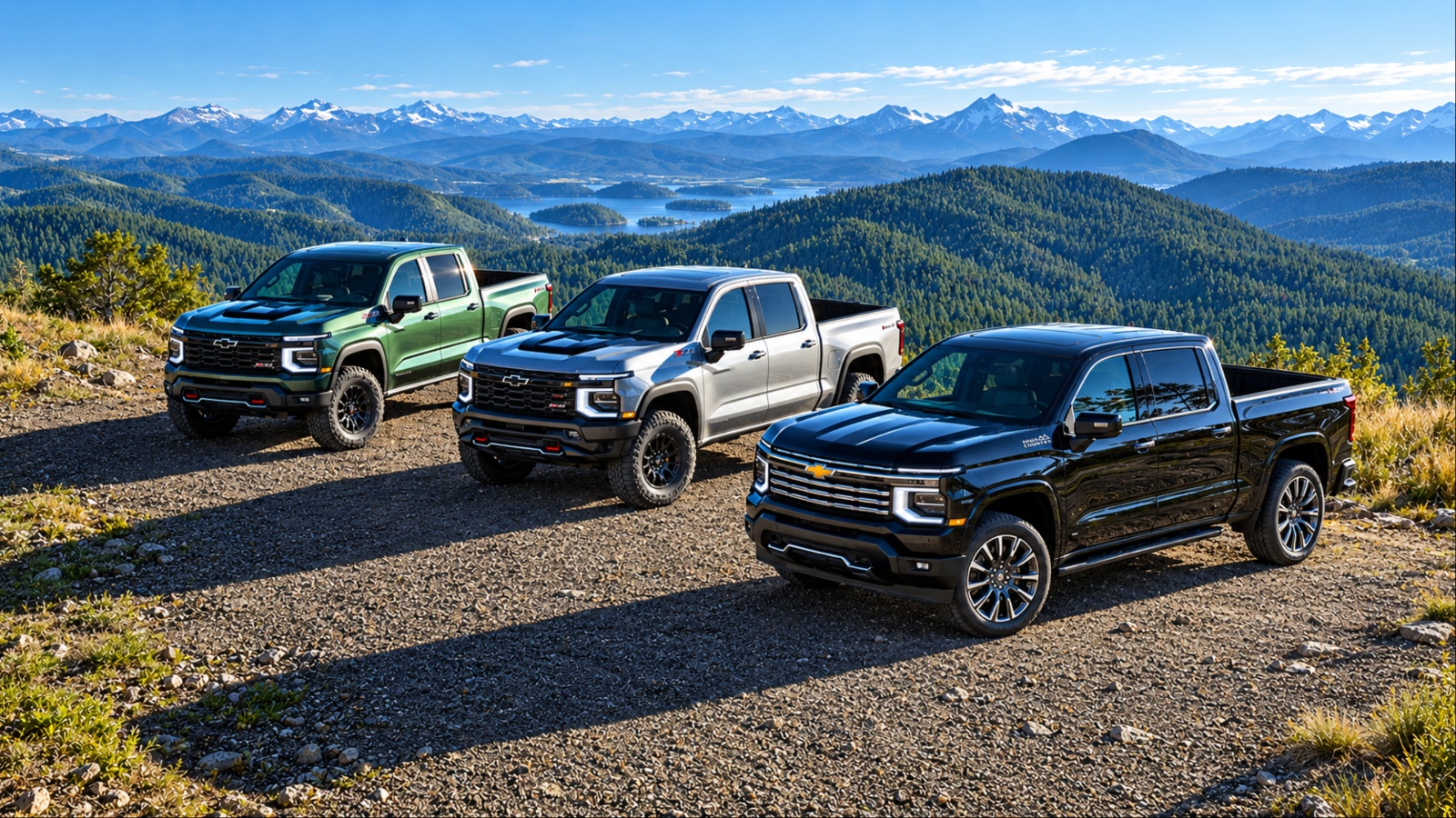 Three Chevrolet Silverado trucks parked on mountain overlook scenic view