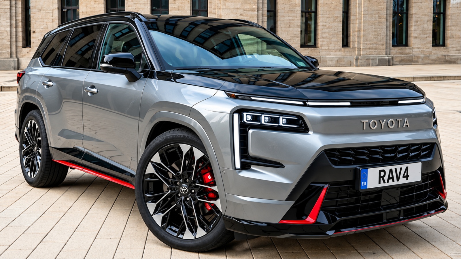 Silver Toyota RAV4 SUV with black roof and red accents