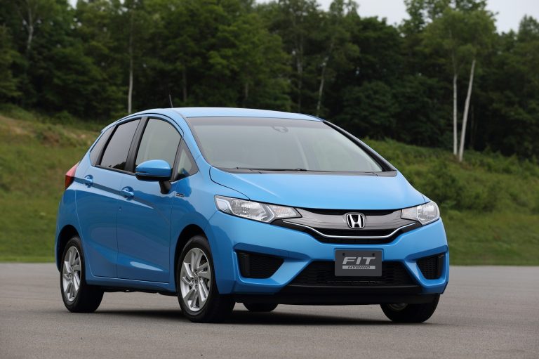 A blue Honda Fit is standing near a green patch of land