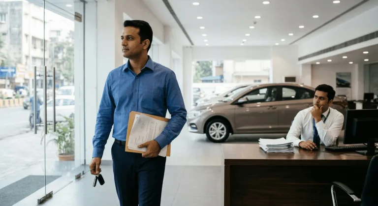 Man holding keys and documents walking away from car showroom