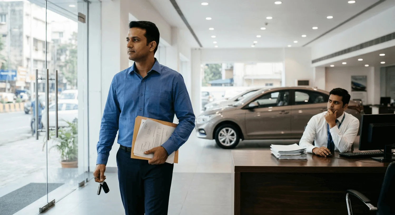 Man holding keys and documents walking away from car showroom