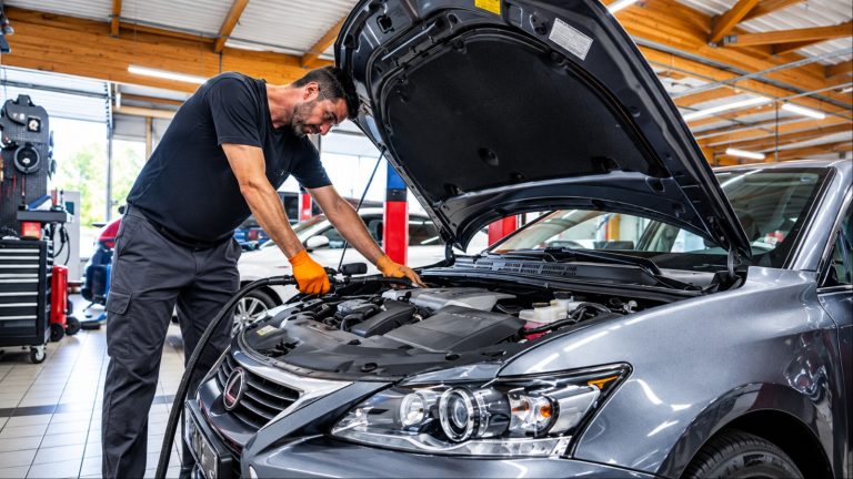 Mechanic inspecting a Lexus engine during maintenance service with the hood open in a repair shop