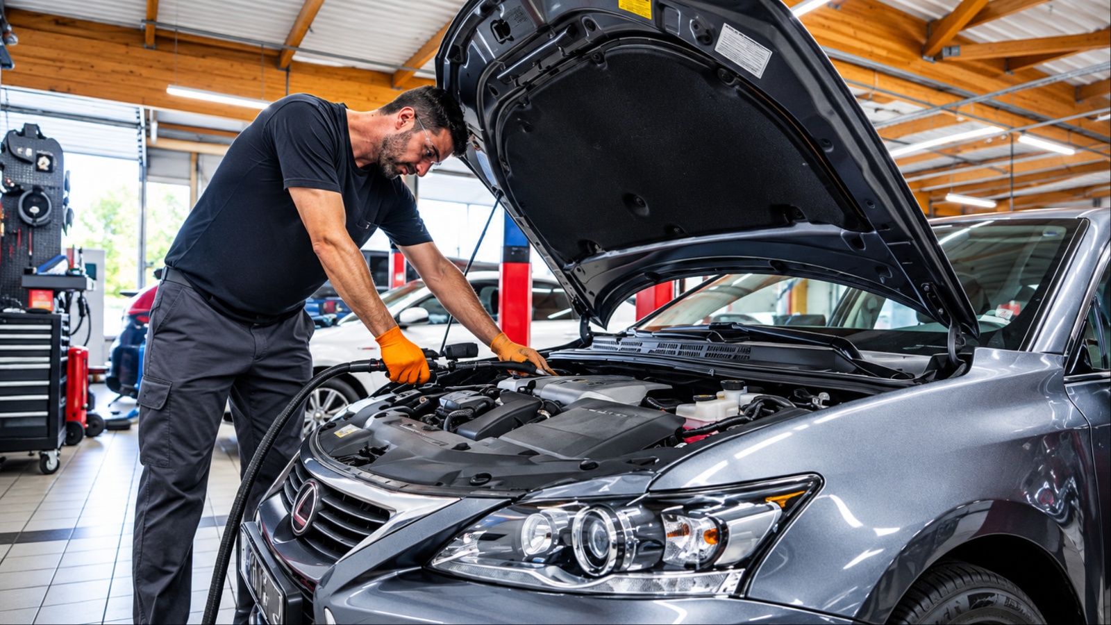 Mechanic inspecting a Lexus engine during maintenance service with the hood open in a repair shop