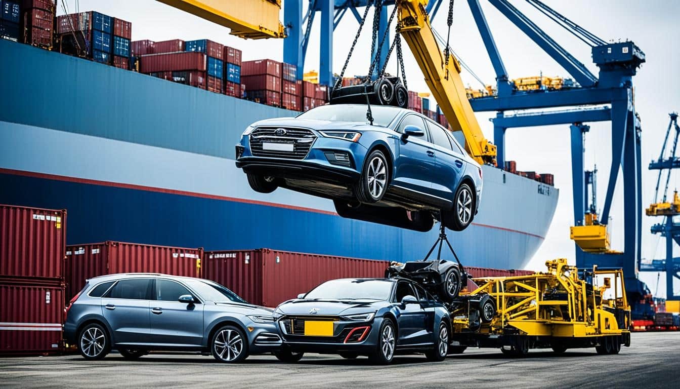 Audi sedan being lifted from a container ship