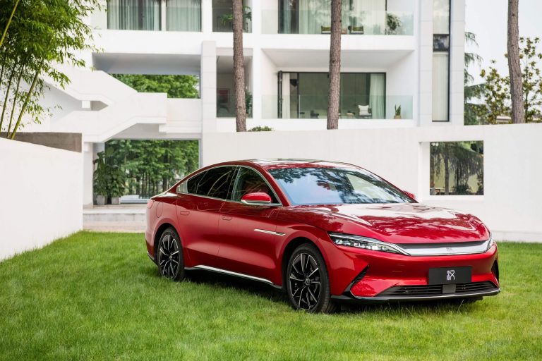 A Flagship BYD is standing on a grass carpet
