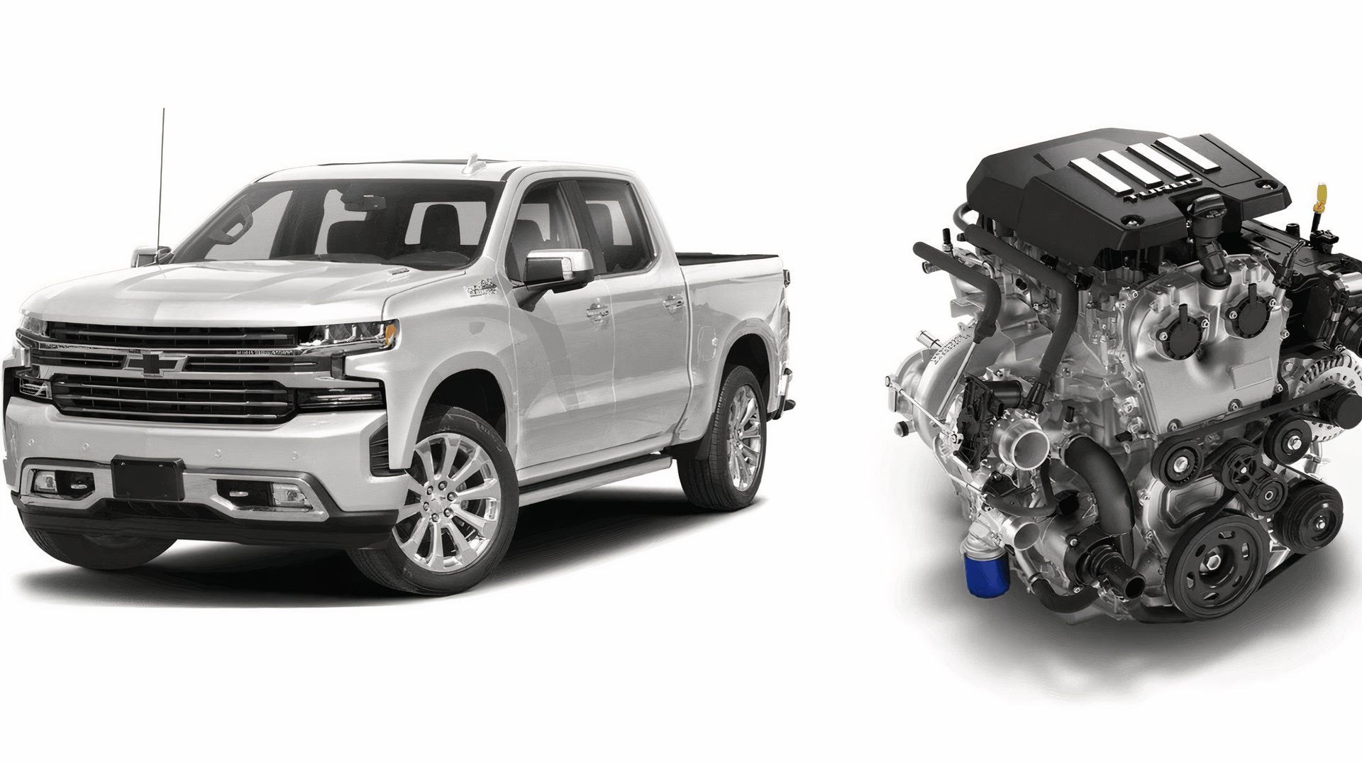 Chevrolet Silverado pickup truck alongside its TurboMax 2.7L turbocharged inline-four engine