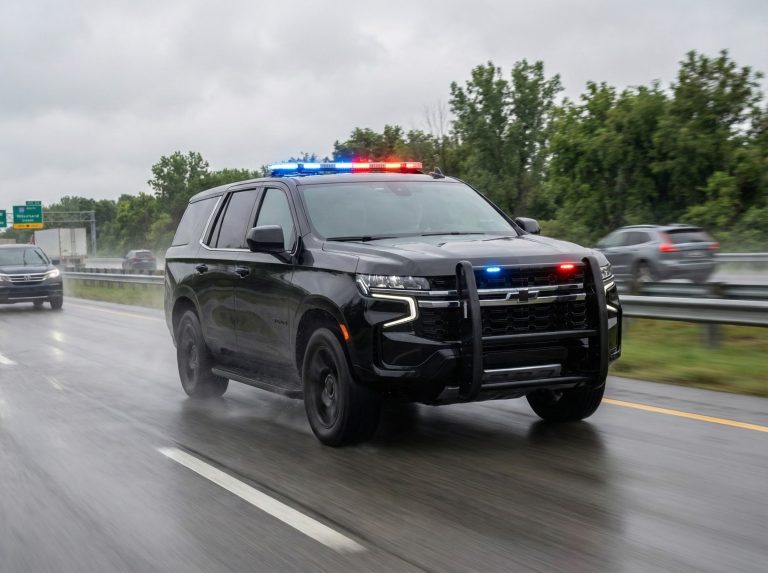 A Chevy Tahoe is cruising on a highway on a rainy day