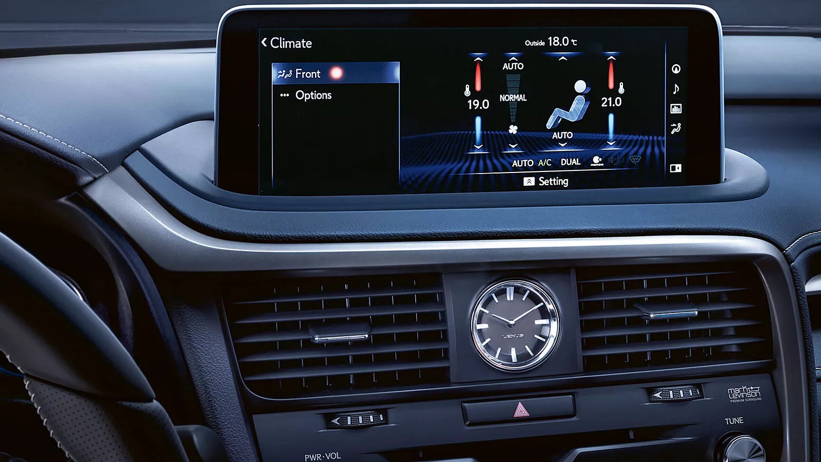 Climate control display and central infotainment system of a Lexus RX 350 Black Edition