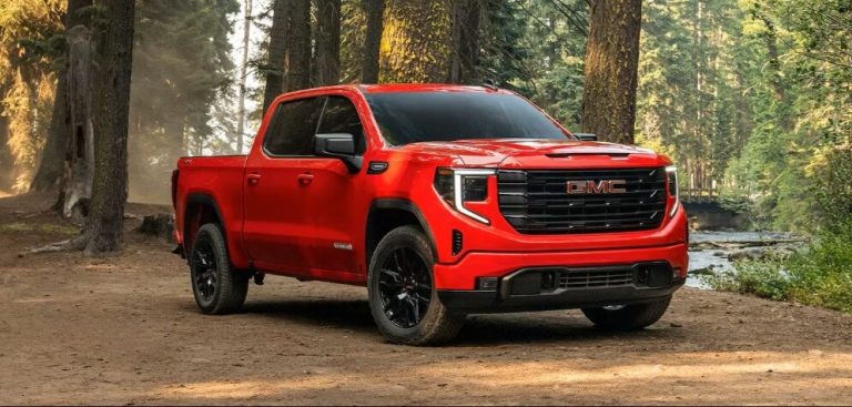 A Red GMC Sierra is standing between the trees in a forest
