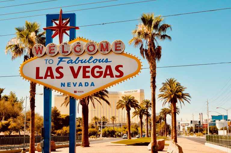 Welcome to LAS VEGAS board is shown at the entrance of NEVADA
