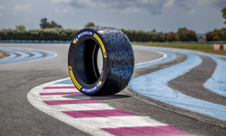 A Michelin tyre is standing on a race track