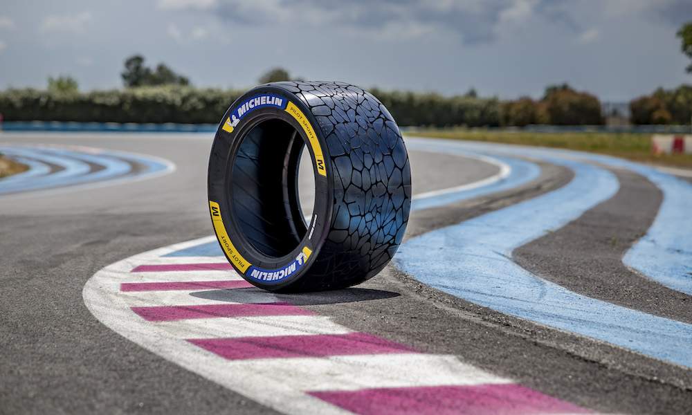 A Michelin tyre is standing on a race track