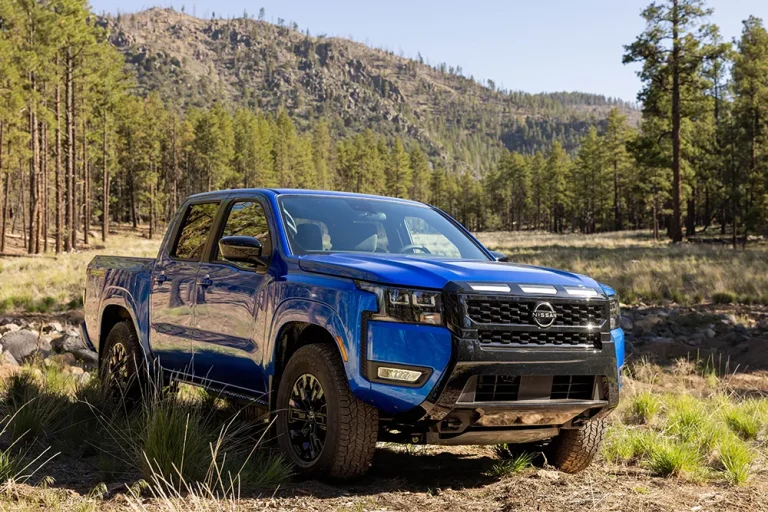A Nissan Frontier is navigating through shallow bushes in a forest