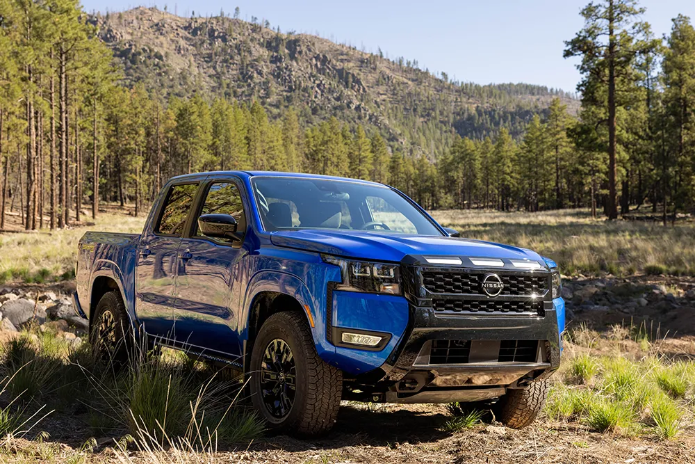 A Nissan Frontier is navigating through shallow bushes in a forest