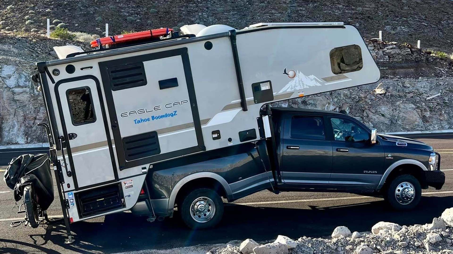 RAM 3500 Dually truck carrying an Eagle Cap Tahoe BoomboxZ camper