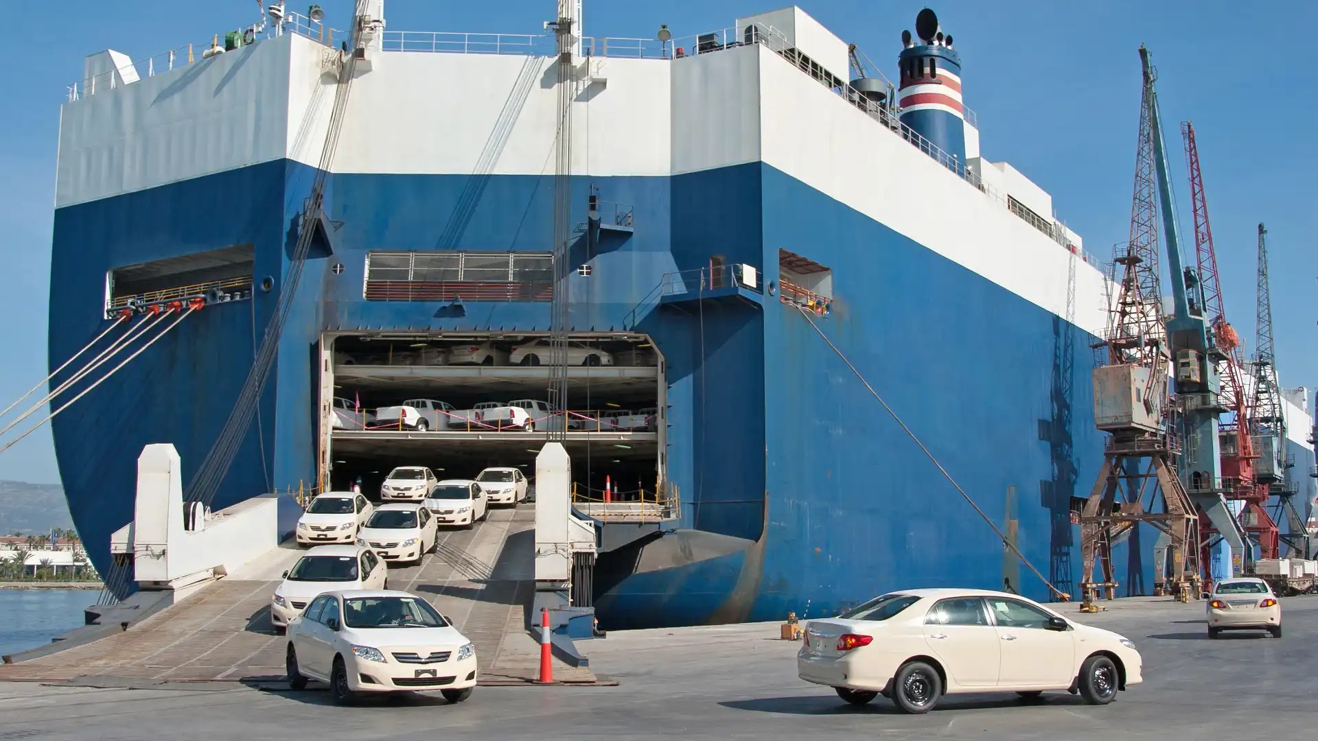 Roll-on/roll-off (RoRo) cargo ship at a port