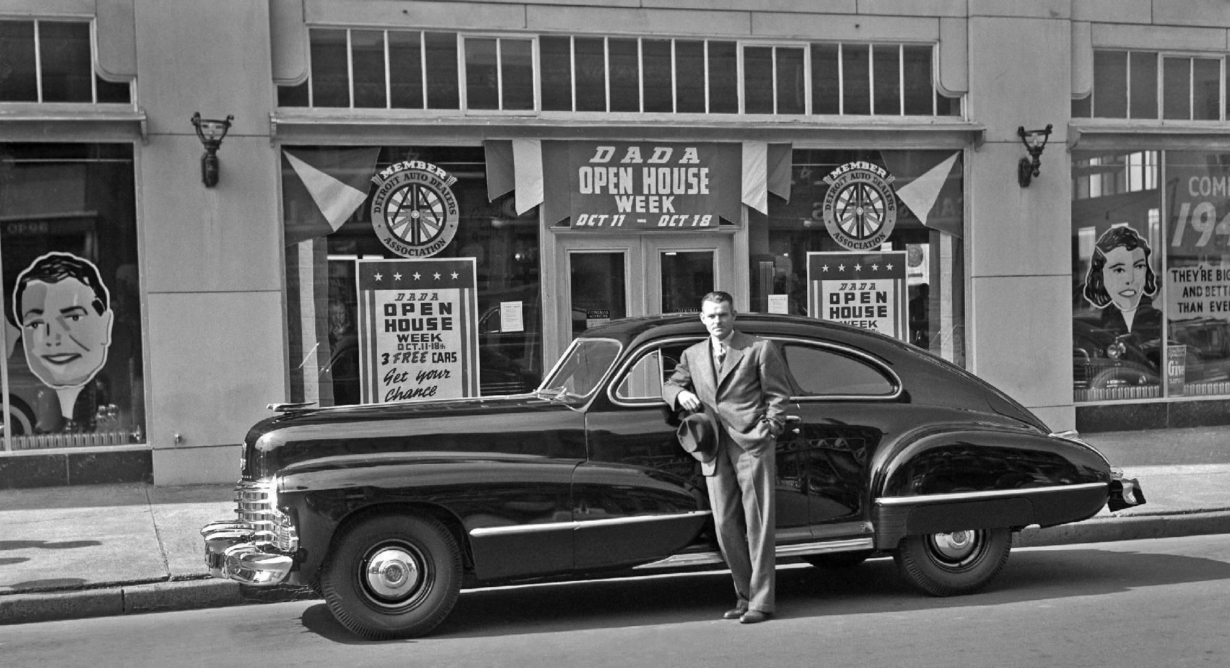 Vintage Cadillac outside Detroit dealership