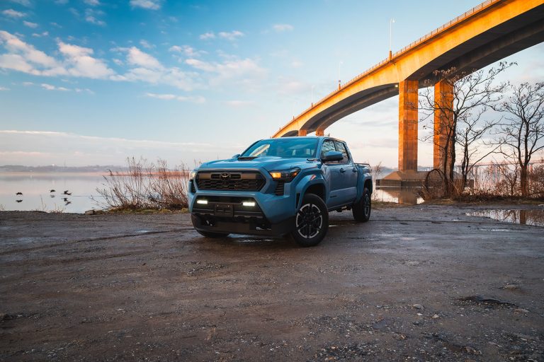 A Blue Tacoma is standing under a over bridge