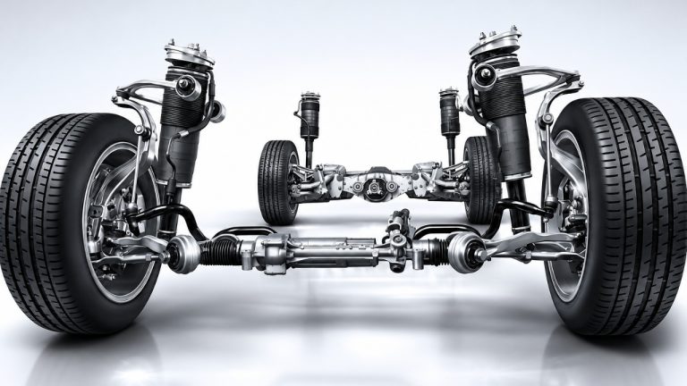 A detailed automotive suspension system with tires, steering components, and shock absorbers