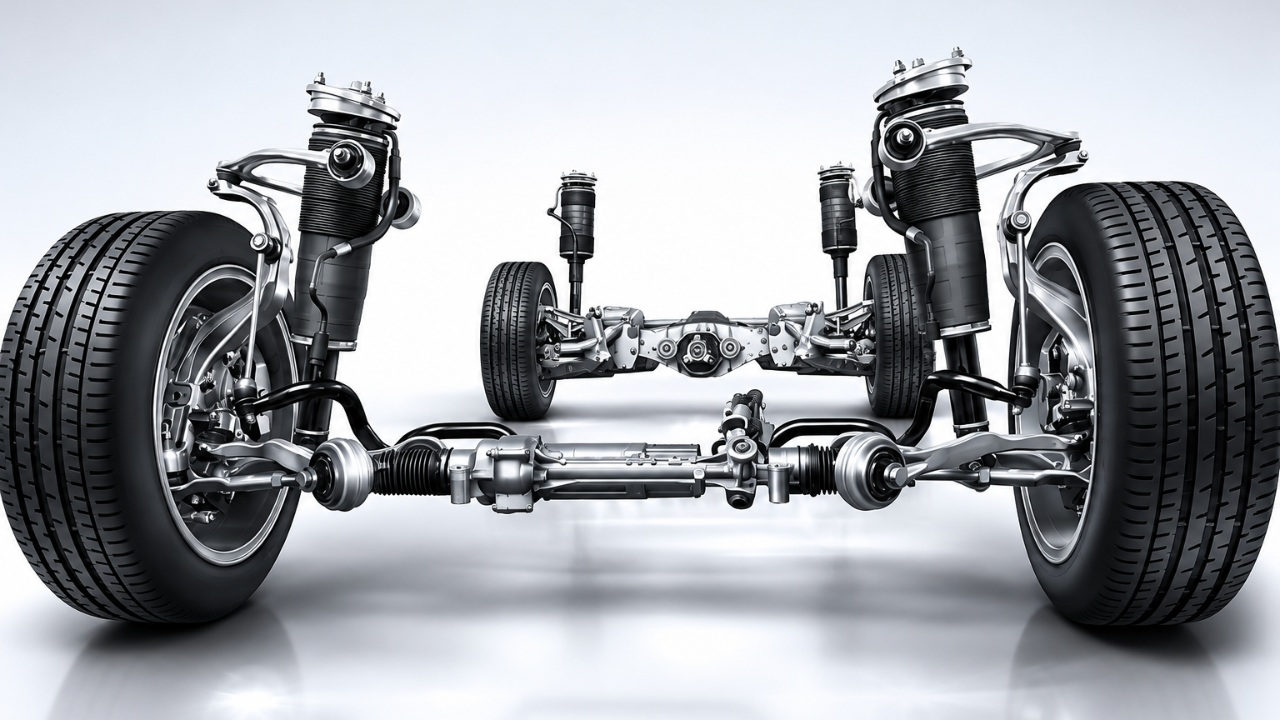 A detailed automotive suspension system with tires, steering components, and shock absorbers