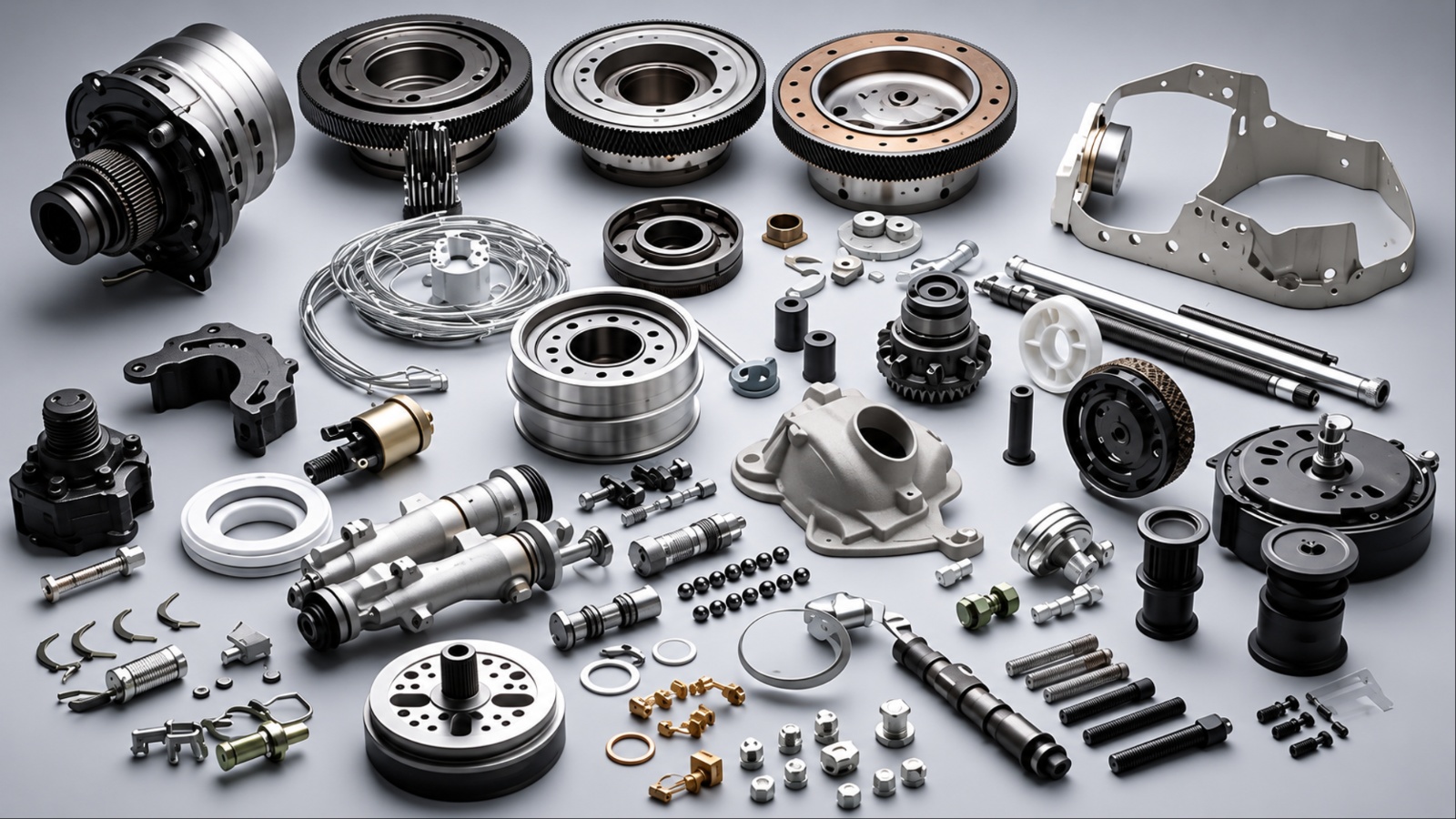 A detailed collection of automotive components showcasing the complexity of car engineering