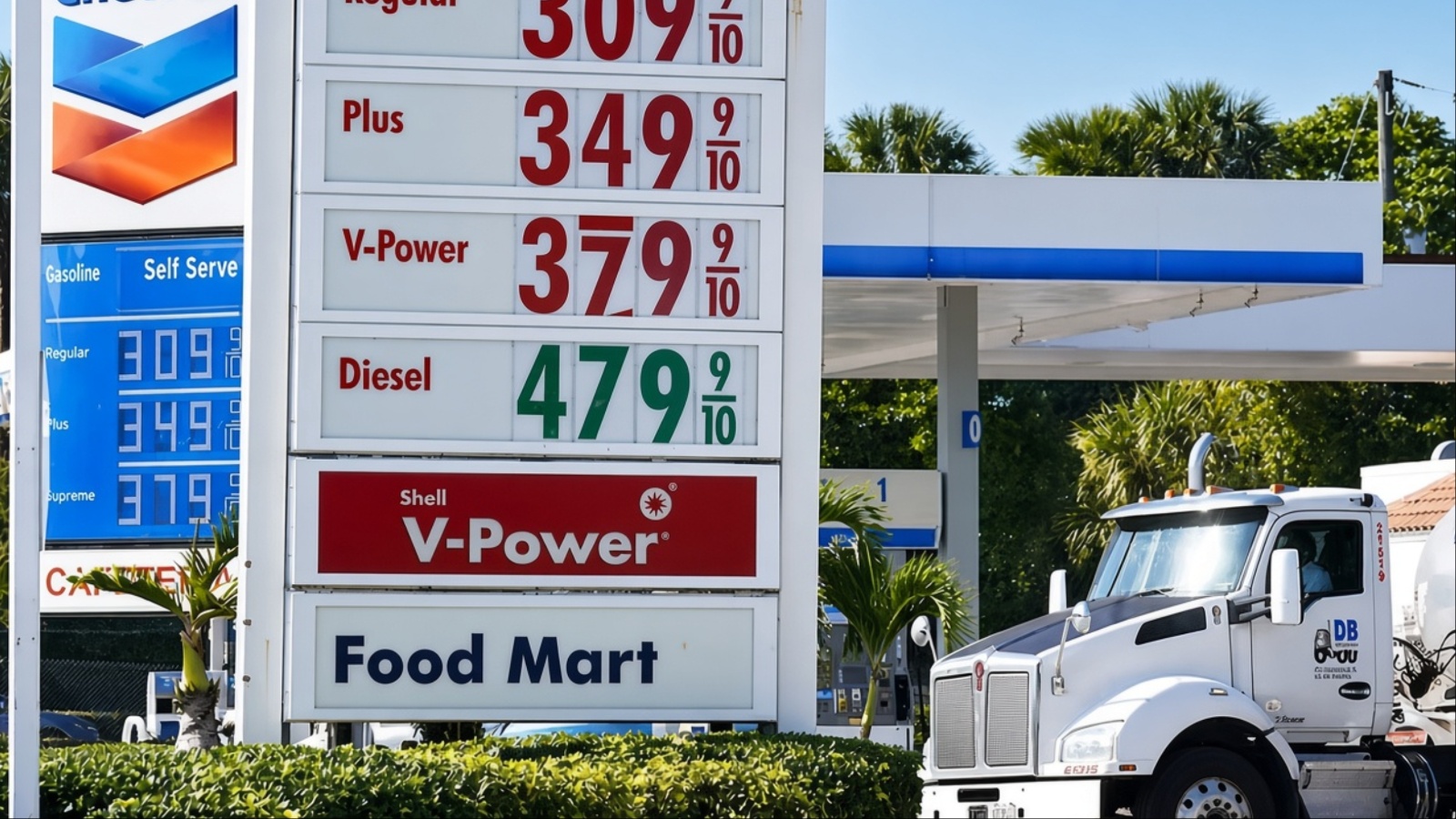 A gas station displays fuel prices beside a parked commercial truck