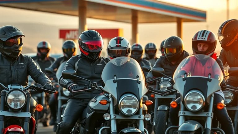A group of motorcyclists wearing helmets and riding together near a gas station