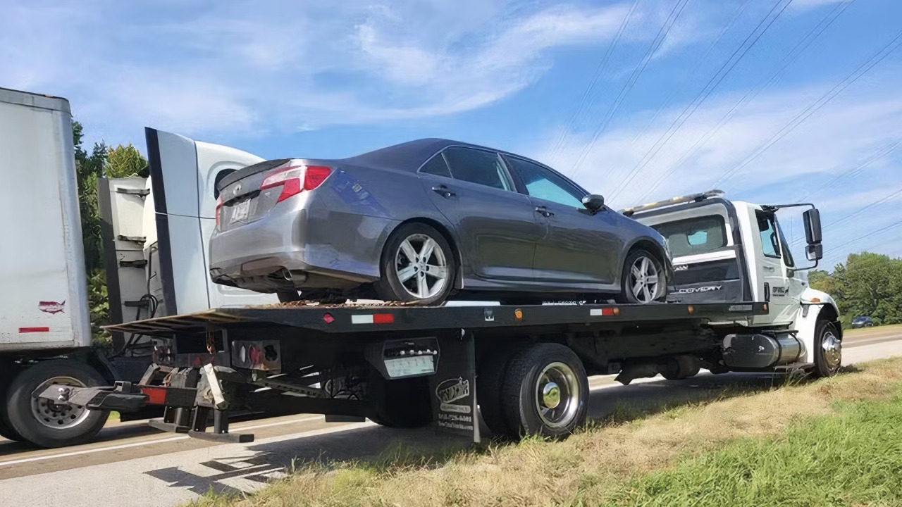 A sedan is secured on a flatbed tow truck beside the roadway
