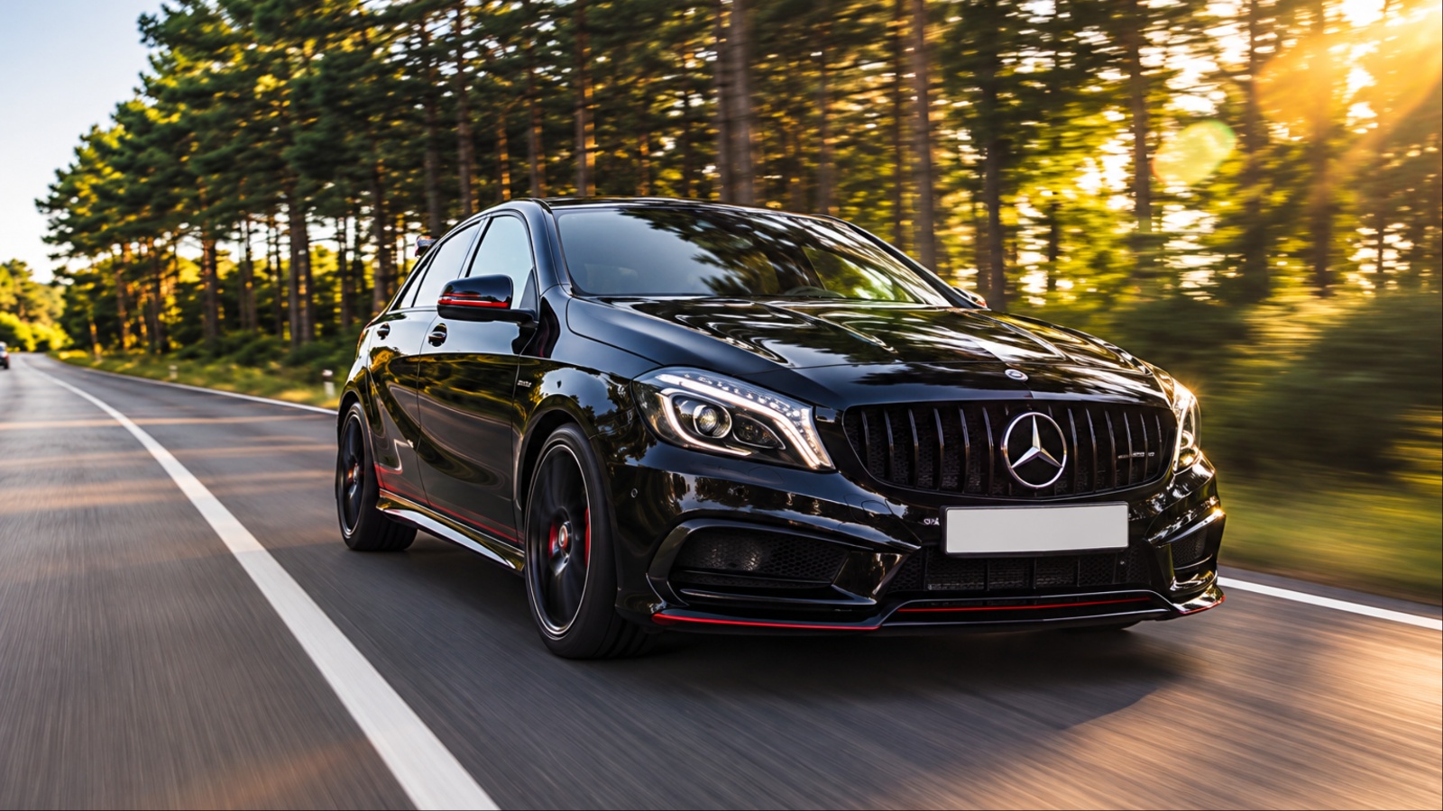 Black Mercedes AMG driving fast on tree-lined road at sunset