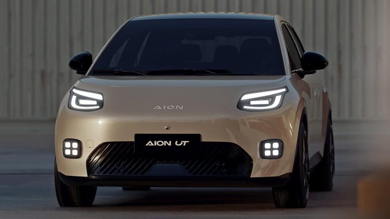 AION UT electric hatchback, shown from the front with its distinctive LED lighting and compact urban-focused design