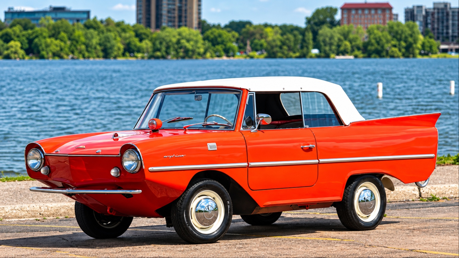 Amphicar Model 770 parked beside a lake, showcasing its distinctive amphibious vehicle design