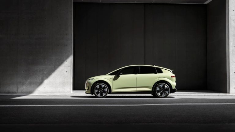 Audi A2 e-tron displayed in profile against a minimalist modern backdrop
