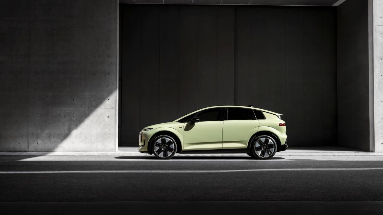 Audi A2 e-tron displayed in profile against a minimalist modern backdrop