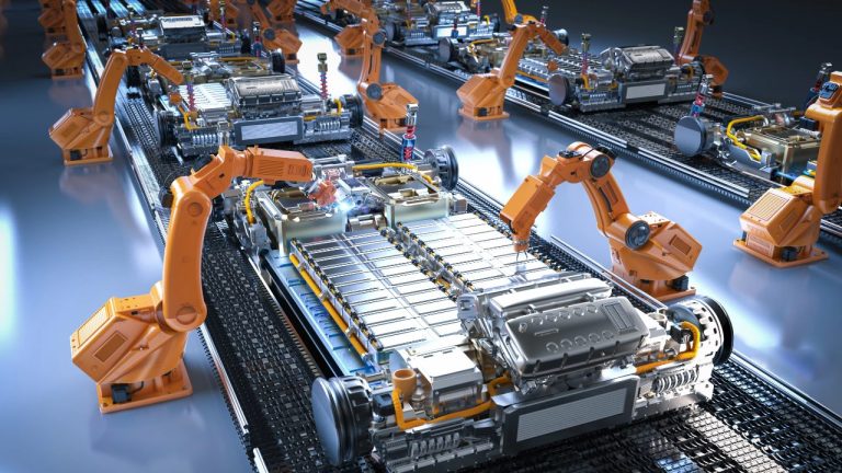 Automated factory robots assemble electric vehicle battery packs on production lines